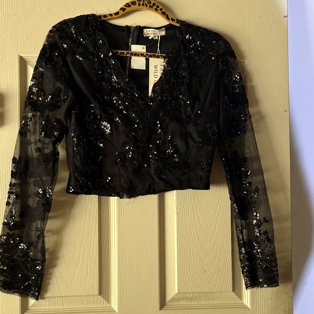 Black Sequin V-Neck Crop Top lace net blouse